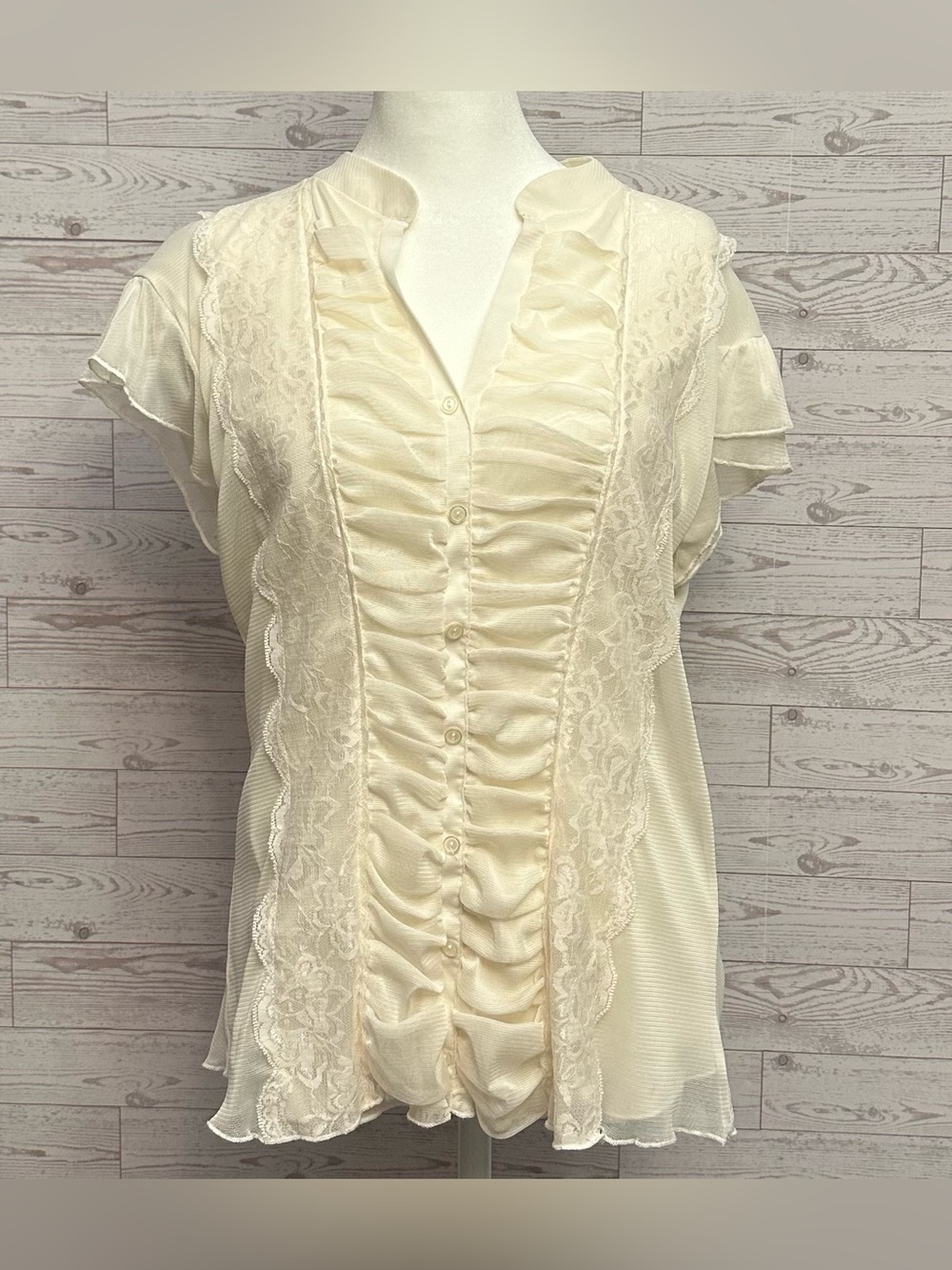 Cato Ivory Lace Ruffle Blouse Top L Short Sleeve Sheer Boho Cottagecore